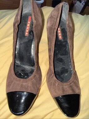 Prada Brown Suede Pumps with Black Patent Cap Toe